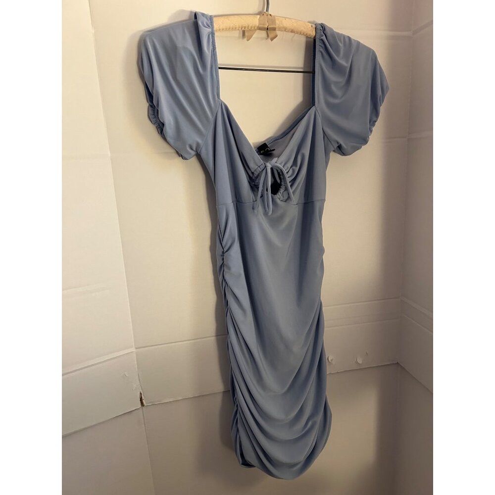 Windsor Blue Ruched Bodycon Sz S Mini Dress Puff Sleeve Square Neck Tie Front Pa